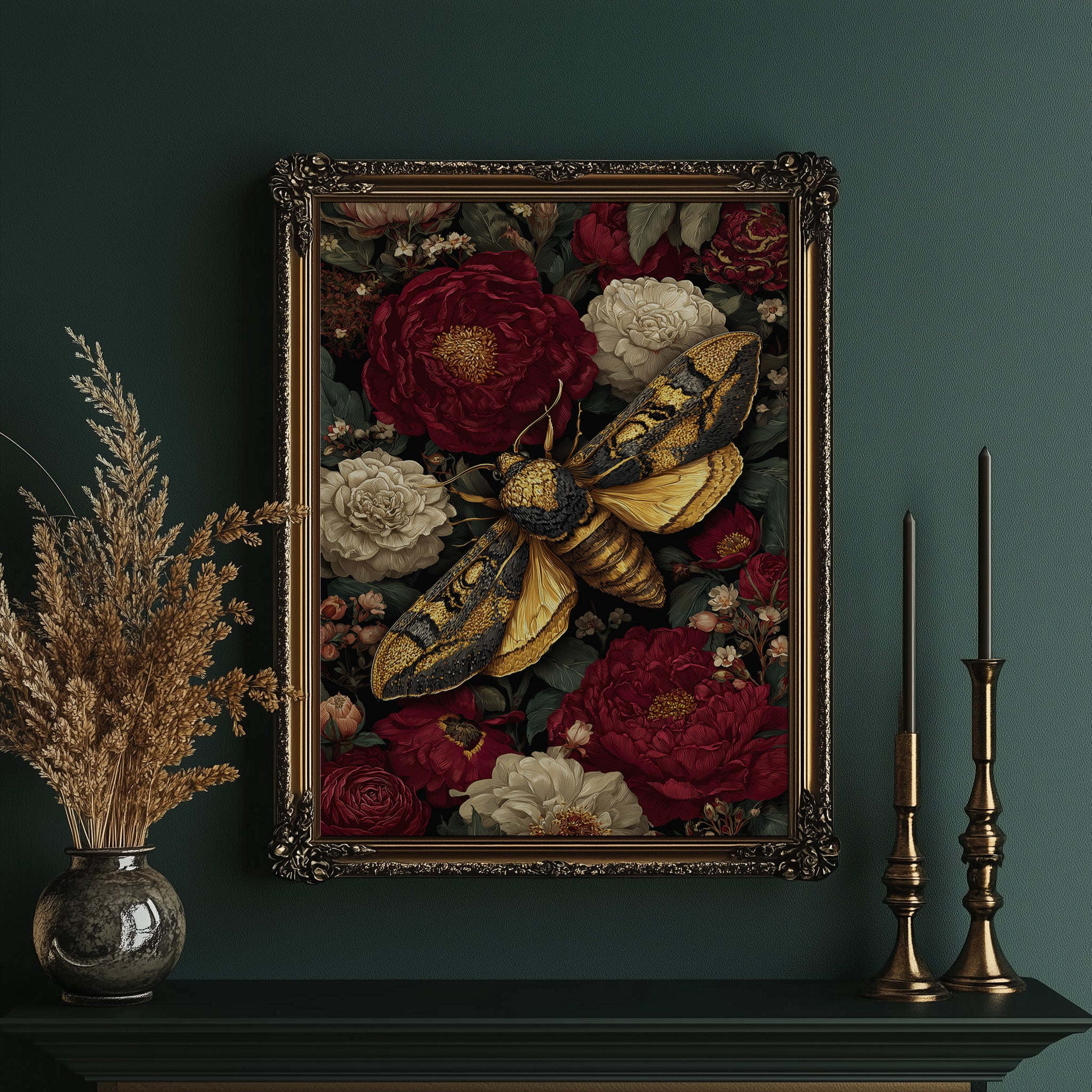 Golden Moth Among Crimson Blooms
