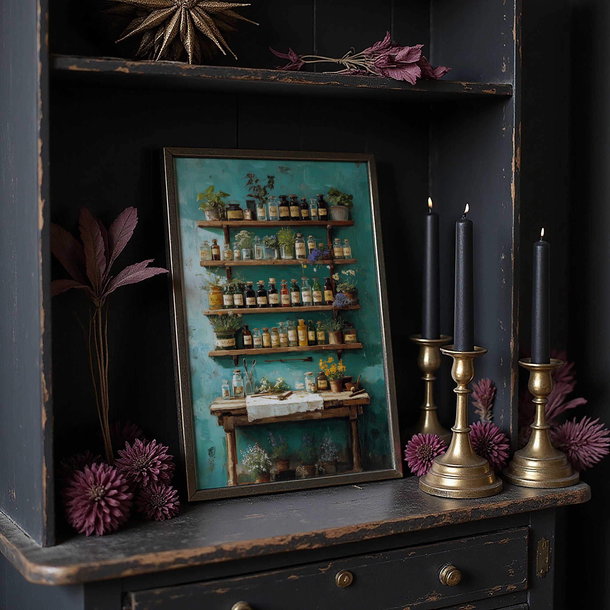 Apothecary Secrets Against Teal Walls