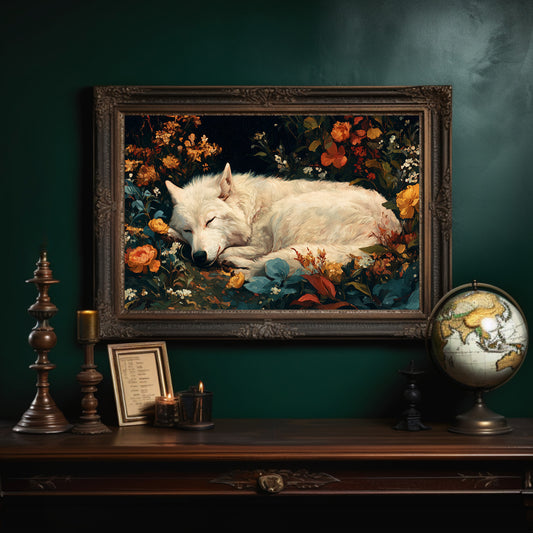 White Wolf Among Autumn Blooms