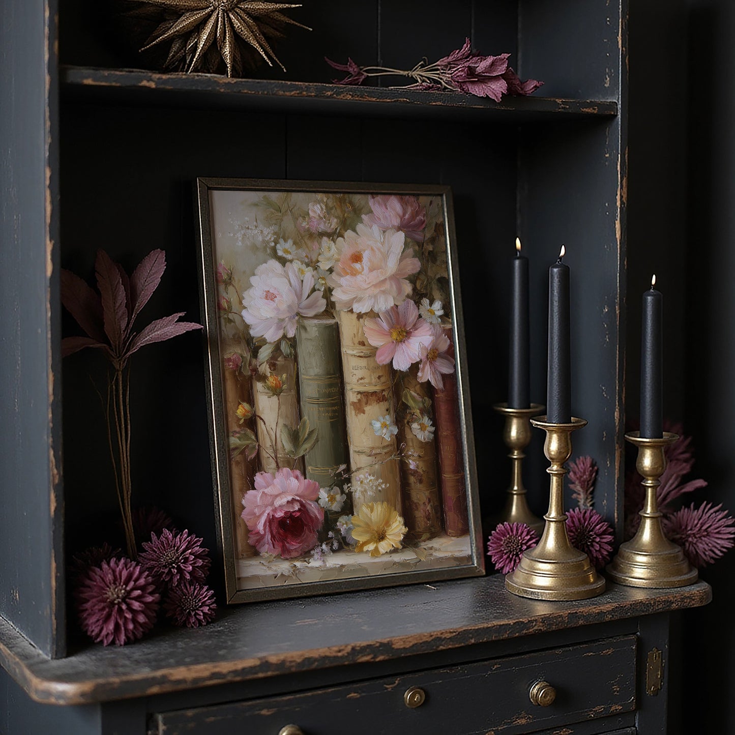 Peonies Rest Among Vintage Volumes