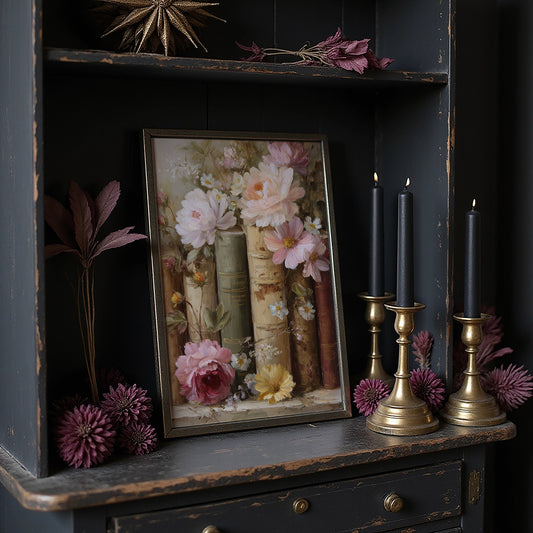 Peonies Rest Among Vintage Volumes
