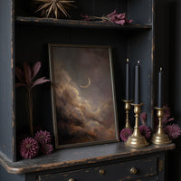 Crescent Floats Through Amber Clouds