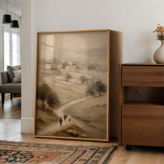 Travelers On Misty Village Path