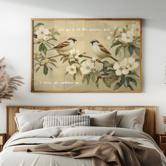 Sparrows Rest Among Blossom Branches