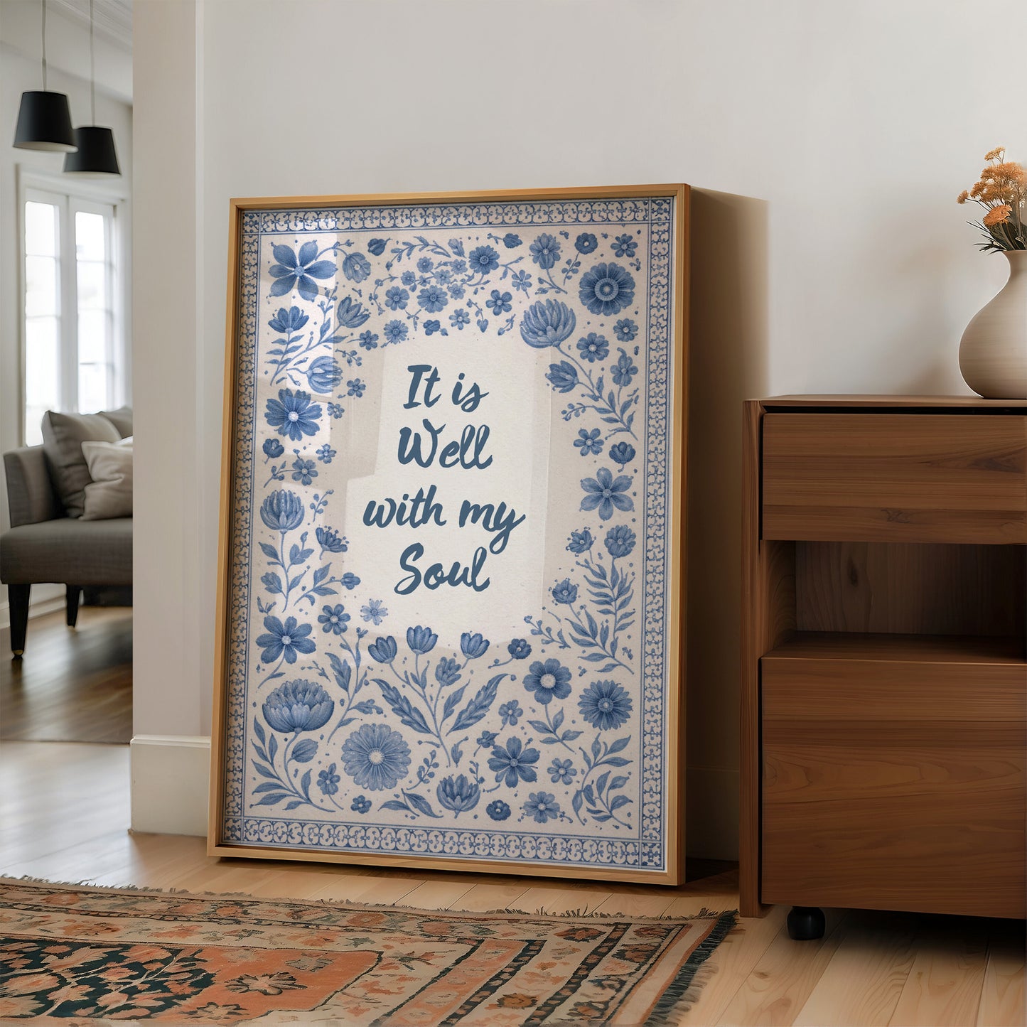 Indigo Blooms Frame Sacred Words
