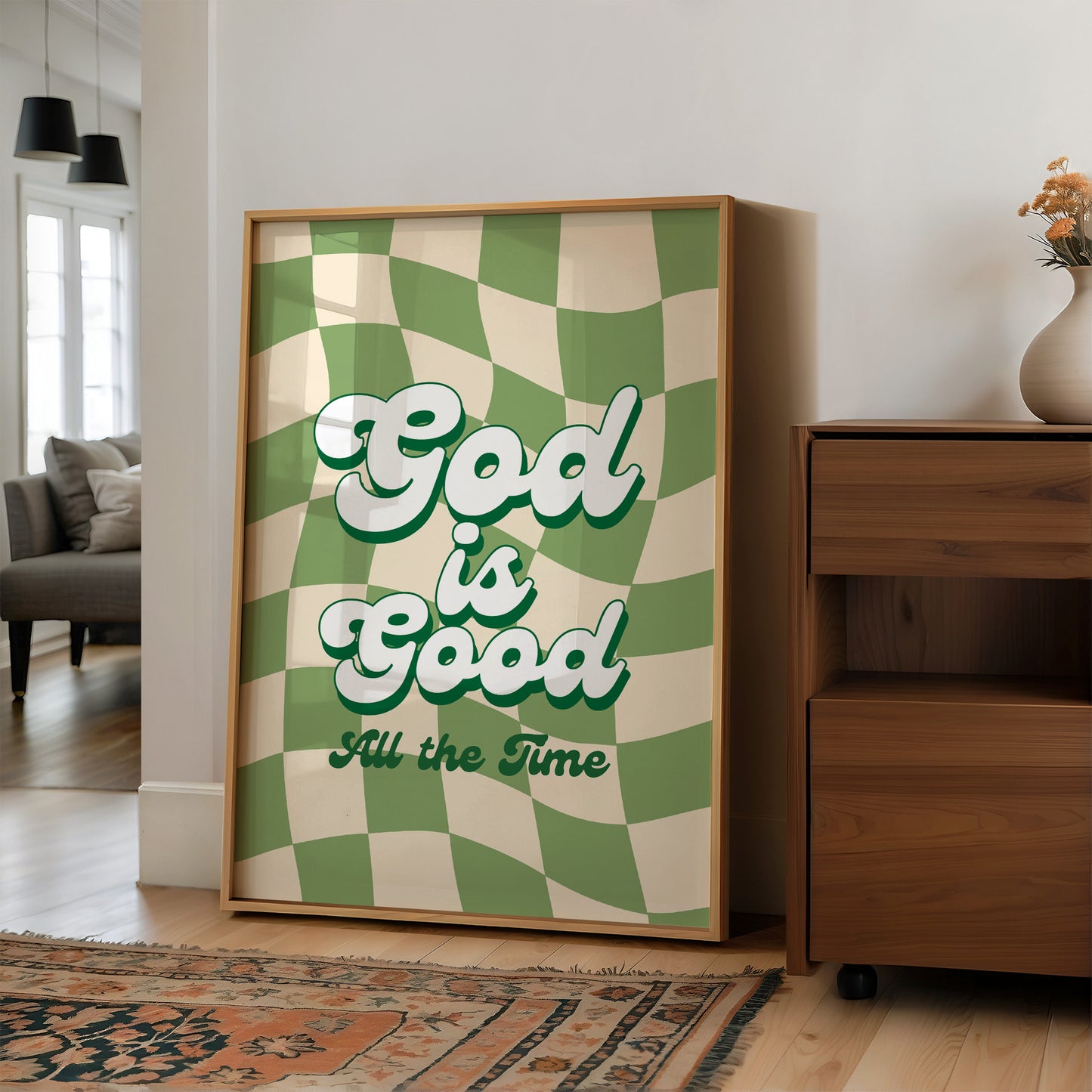 Retro Affirmations Wave Through Checkered Green