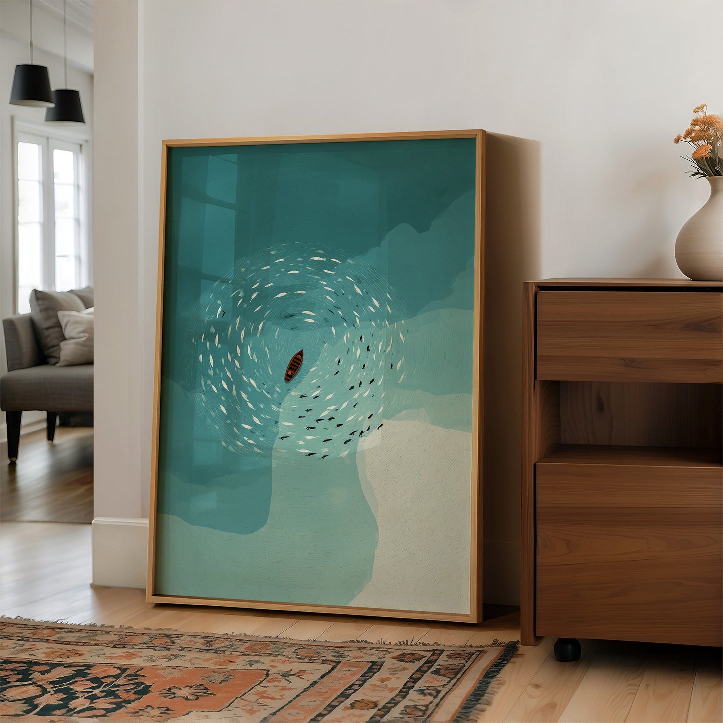 Solitary Vessel Amid Swirling Shoals