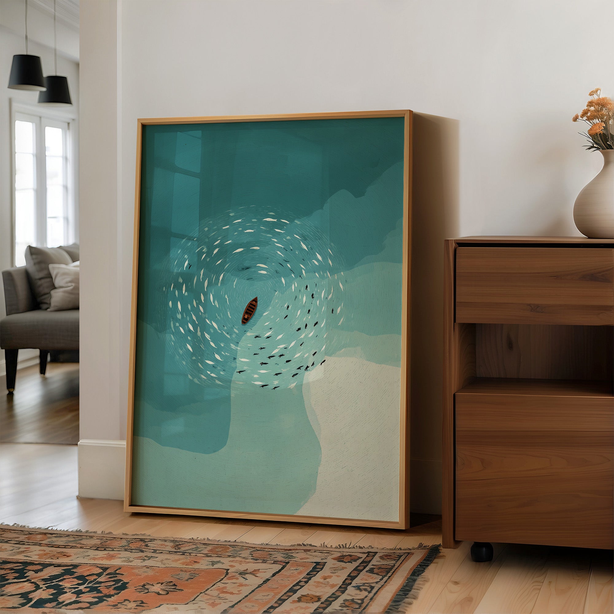 Solitary Vessel Amid Swirling Shoals