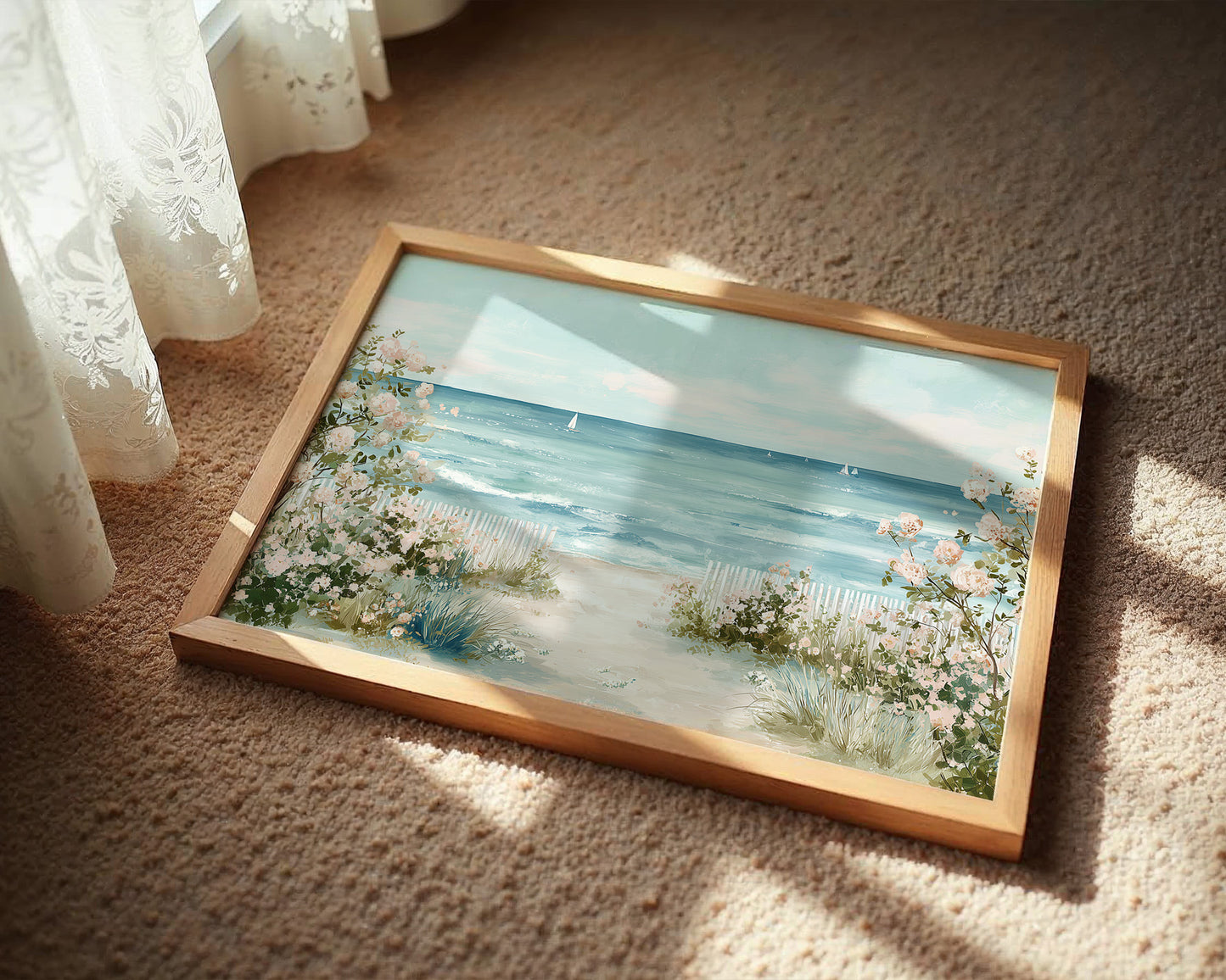 Seaside Roses Frame Distant Sails