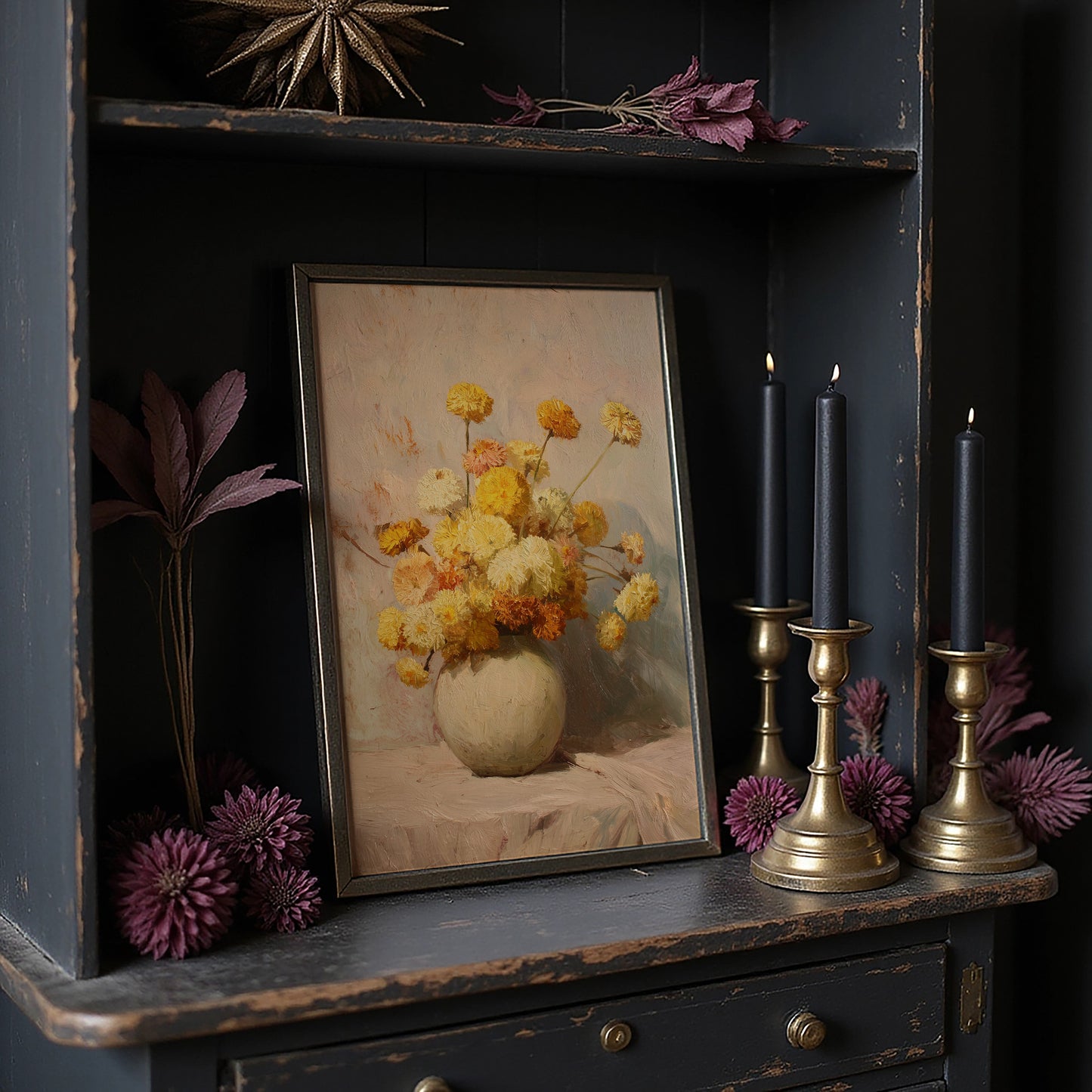 Sunlit Chrysanthemums in Cream Pottery