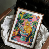 Feline Literary Moment in Vibrant Jungle