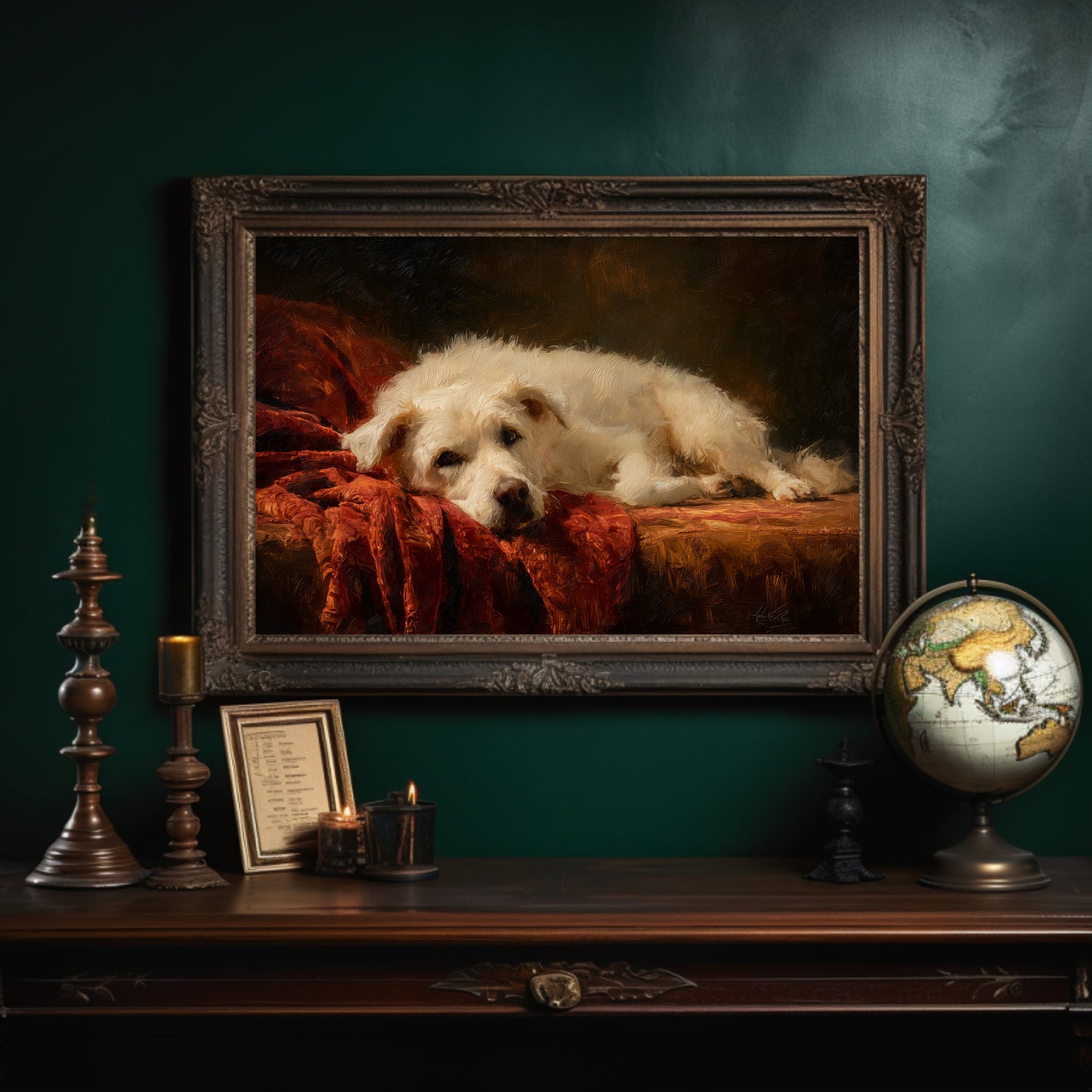 Loyal Companion Rests On Crimson Velvet