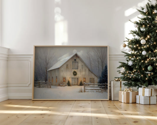 Snowfall Dreams Against Rustic Warmth