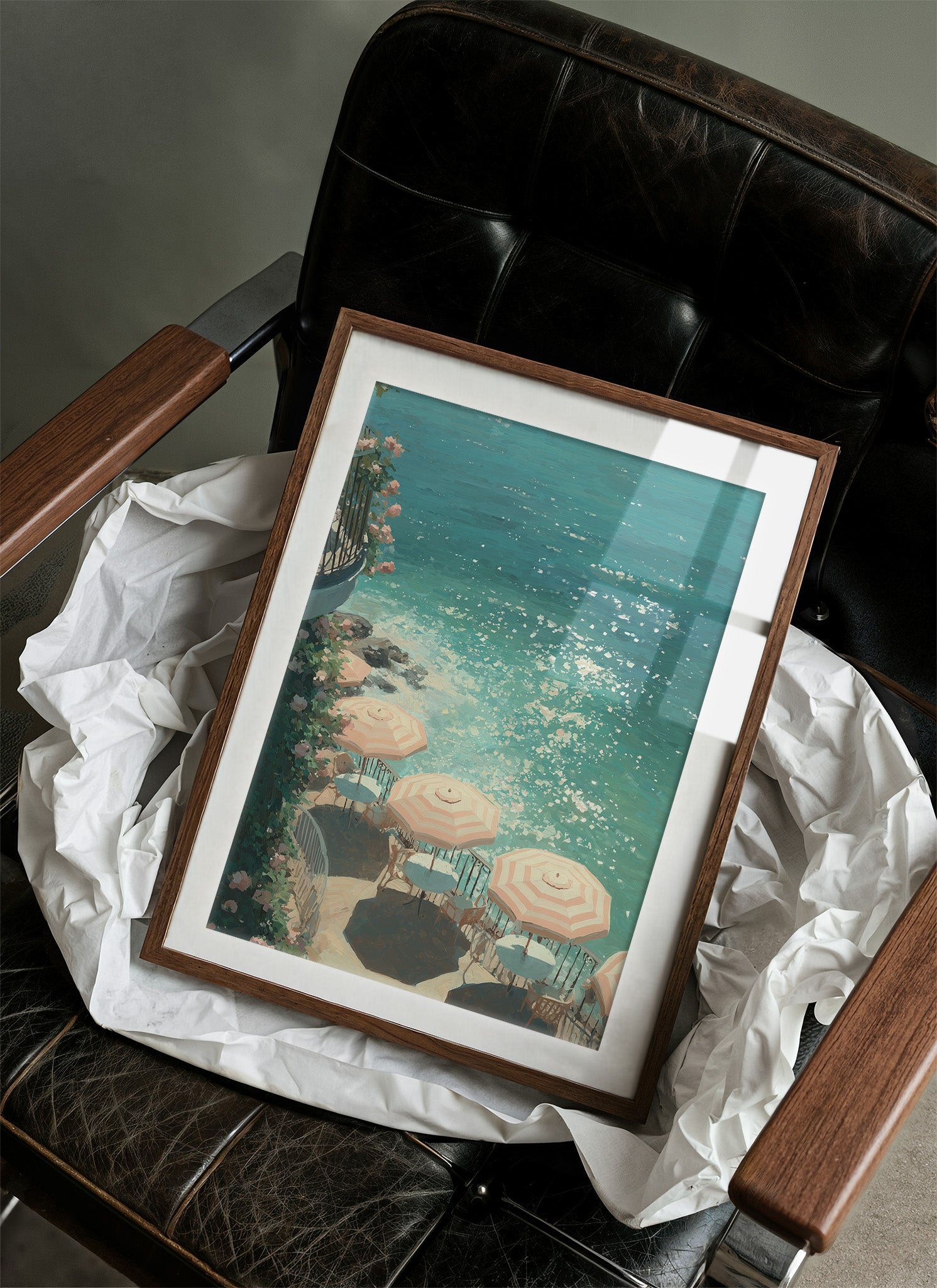 Mediterranean Terrace: Parasols by Azure Waters