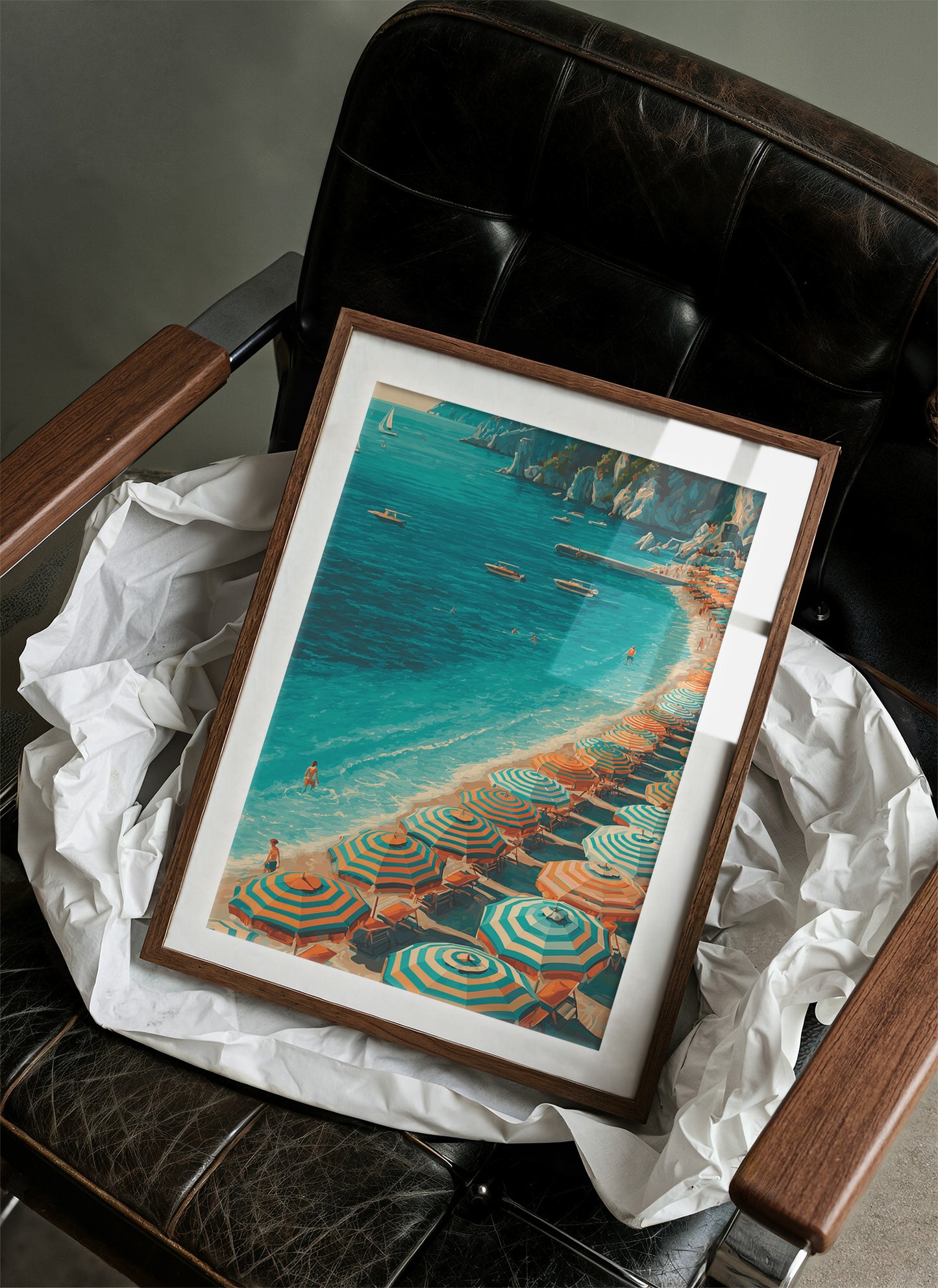 Mediterranean Reverie: Coral Parasols and Azure Waters