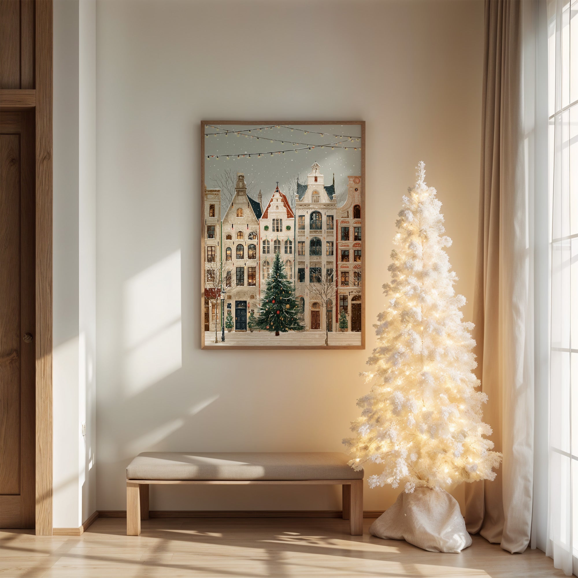 Festive Canal Houses Beneath Winter's Veil