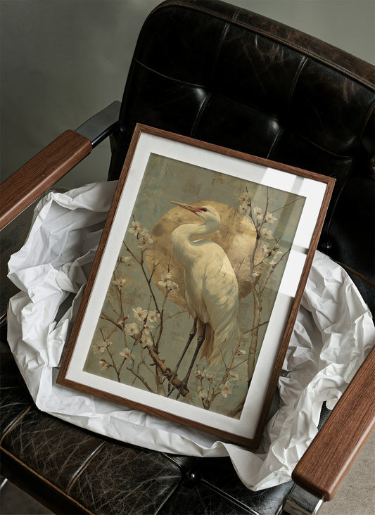 Heron Stands Where Blossoms Linger