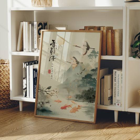 Cranes Dance Above Golden Koi