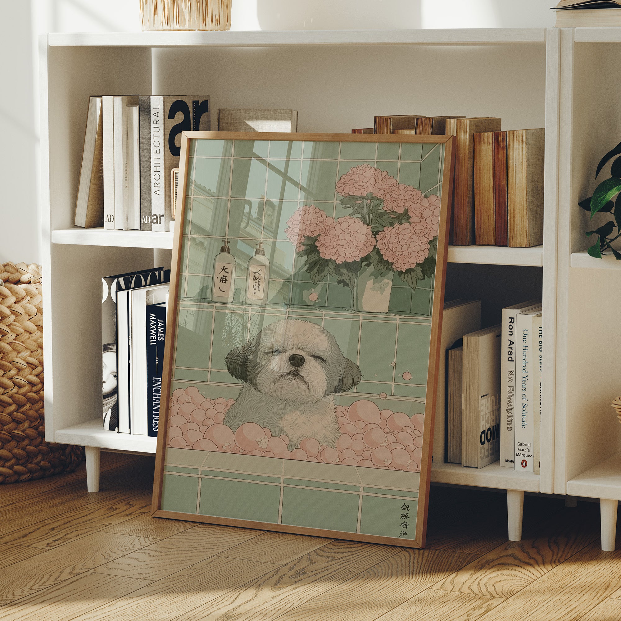 Peaceful Pup Among Pink Peonies