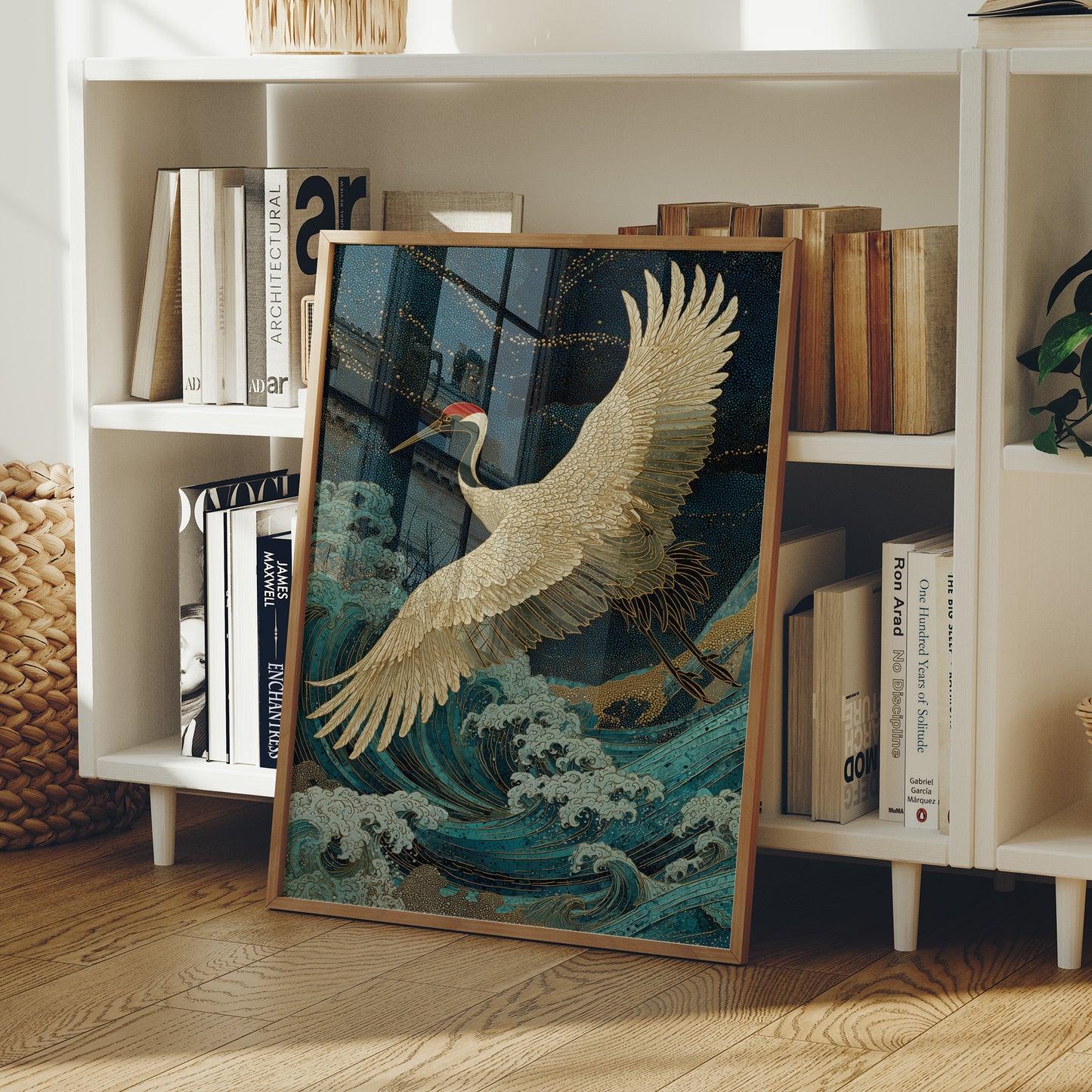 Crane Soars Through Starlit Waves