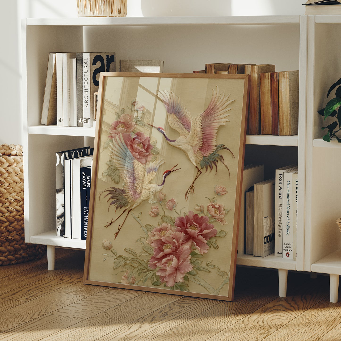 Graceful Cranes Among Peony Blooms