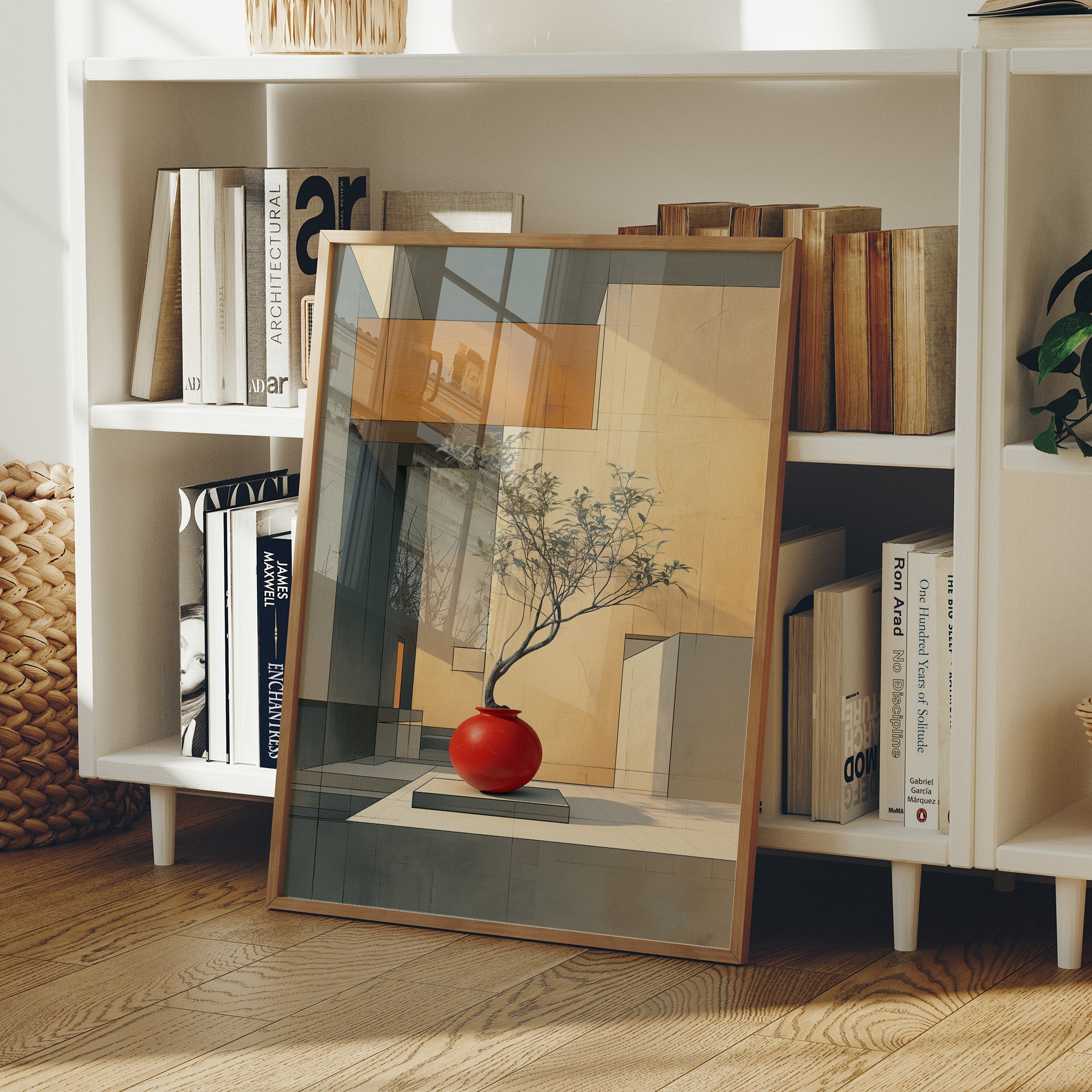 Red Vase Holds Geometric Sunlight