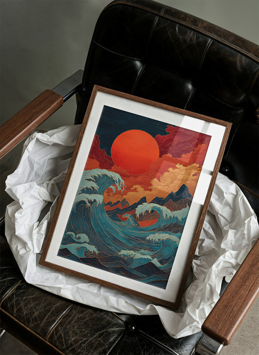 Ocean Flames Dance Under Crimson Moon