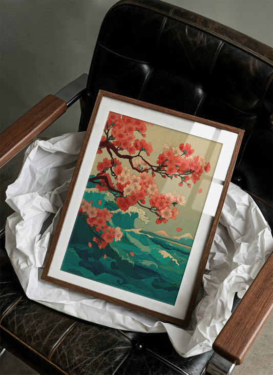 Cherry Blossoms Dance Above Emerald Seas