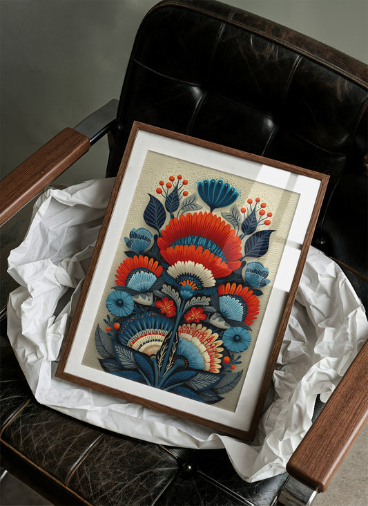 Folk Blooms Dance In Coral Blue