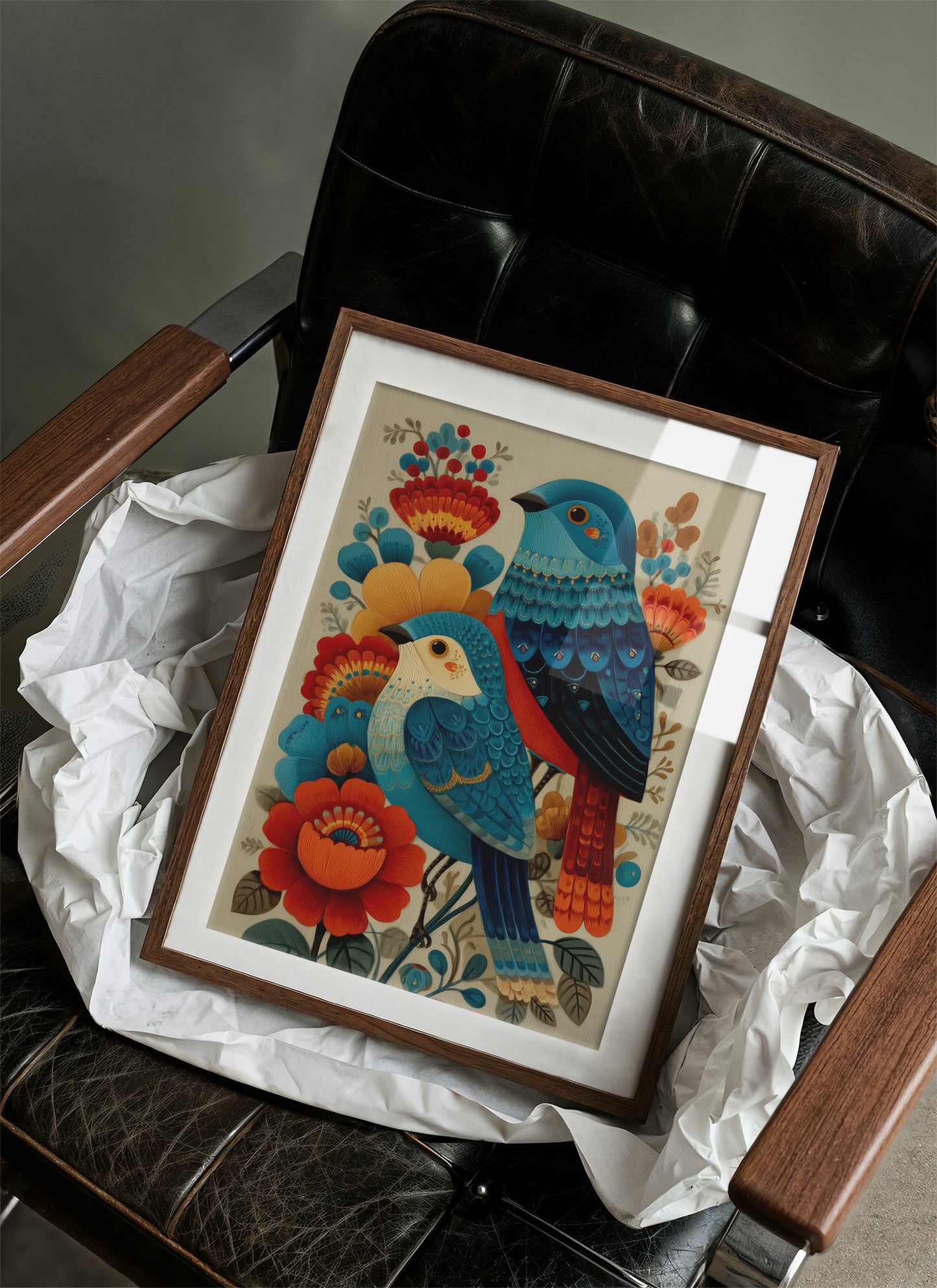 Blue Bird Sings Among Coral Blooms