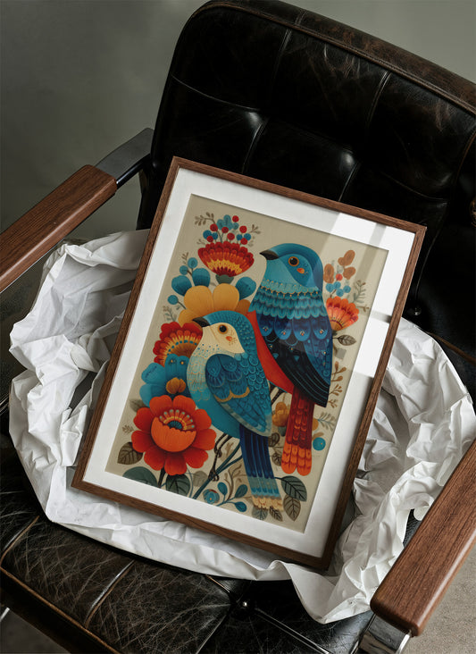 Blue Bird Sings Among Coral Blooms