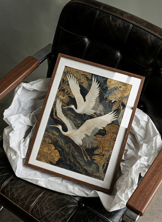 Cranes Dance Through Golden Ginkgo