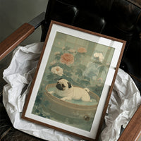 Pug's Peaceful Bath Among Peonies