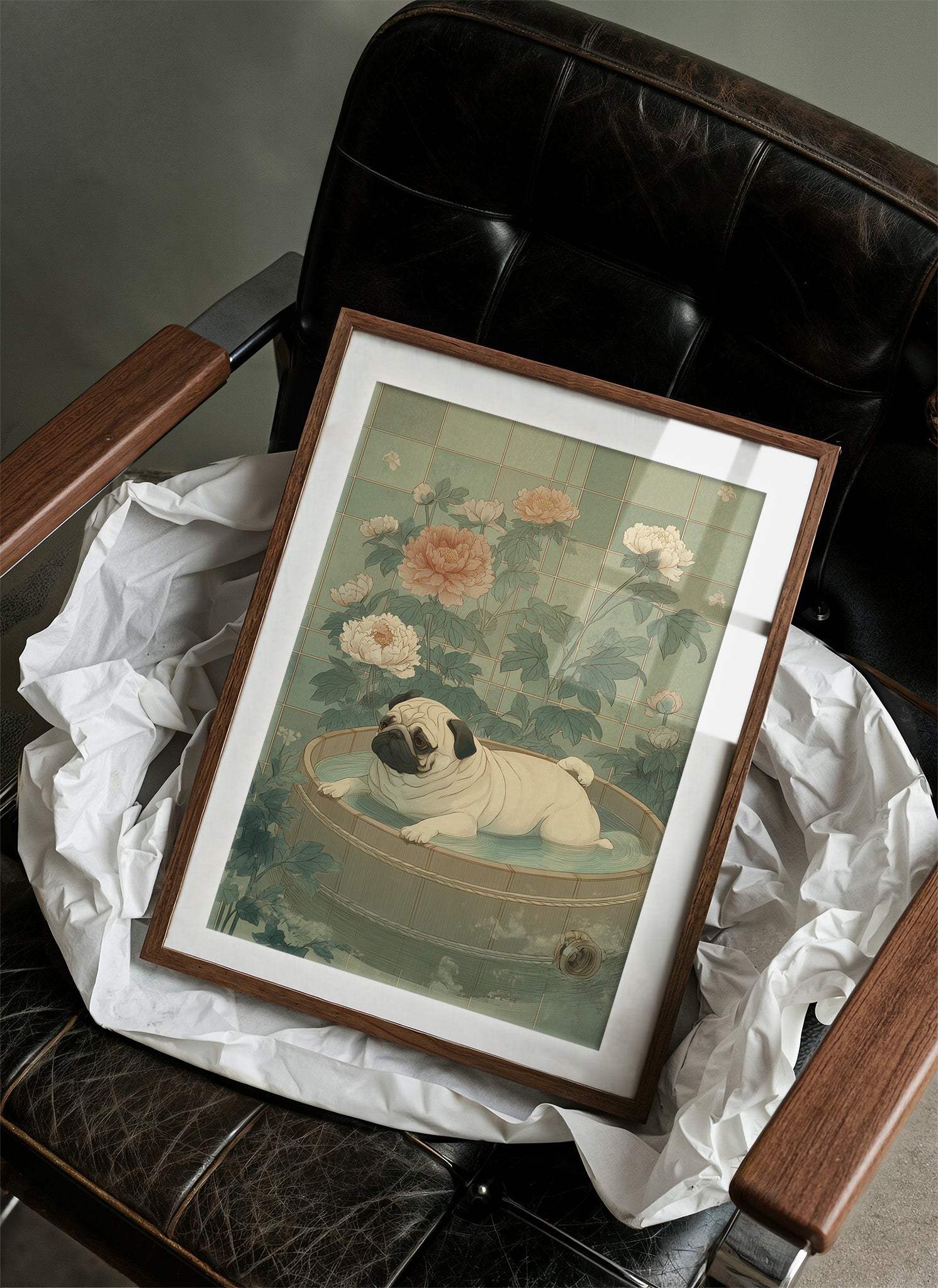 Pug's Peaceful Bath Among Peonies