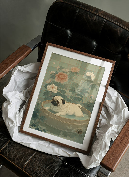 Pug's Peaceful Bath Among Peonies