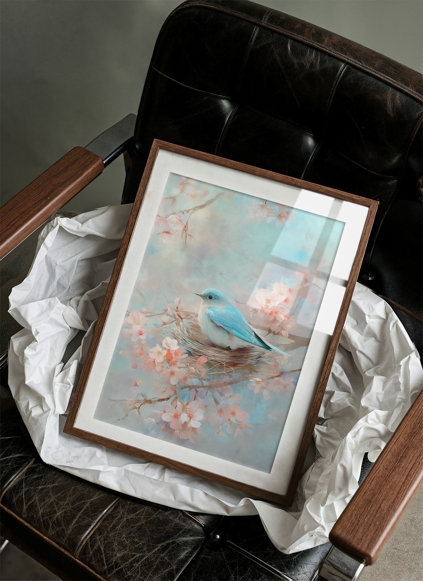 Blue Bird Rests Among Cherry Blossoms