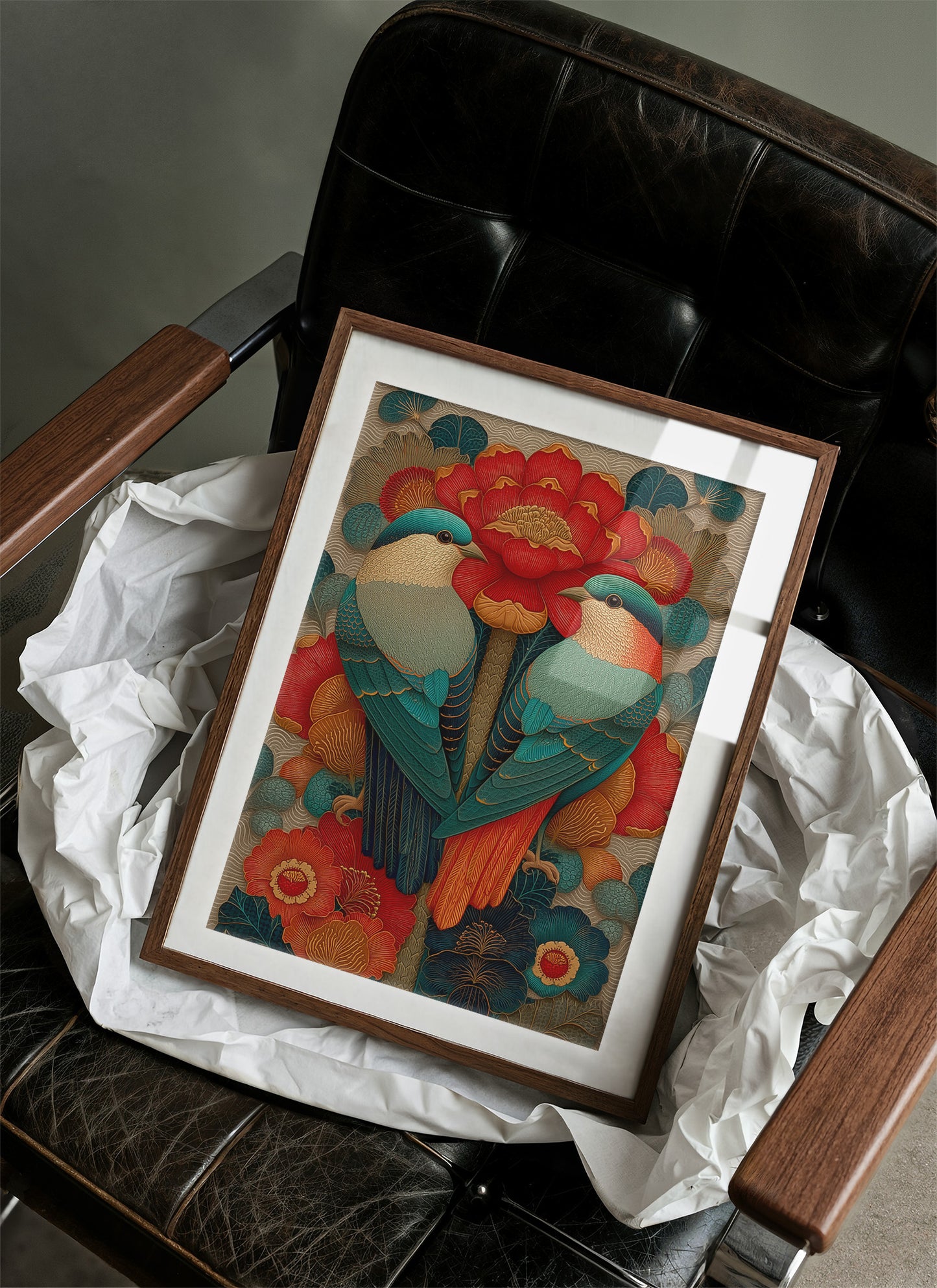 Birds Dance Among Crimson Blooms