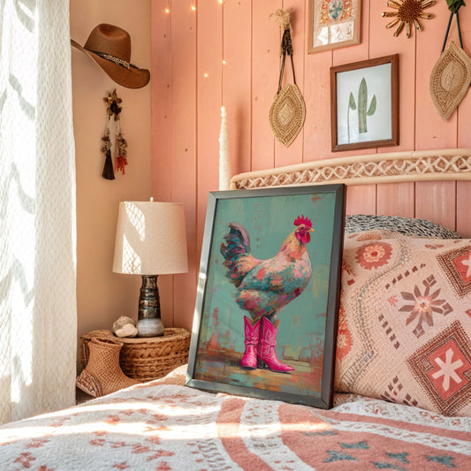 Rooster Struts In Pink Boots
