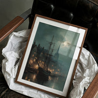 Harbor Lights Below Foggy Moon