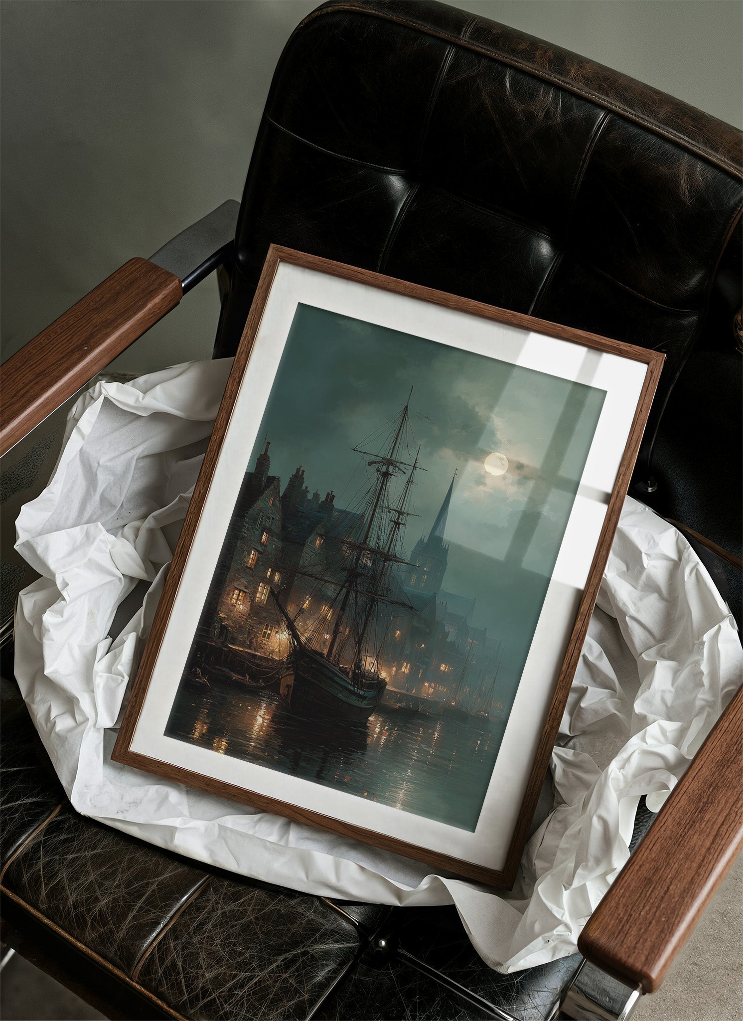 Harbor Lights Below Foggy Moon