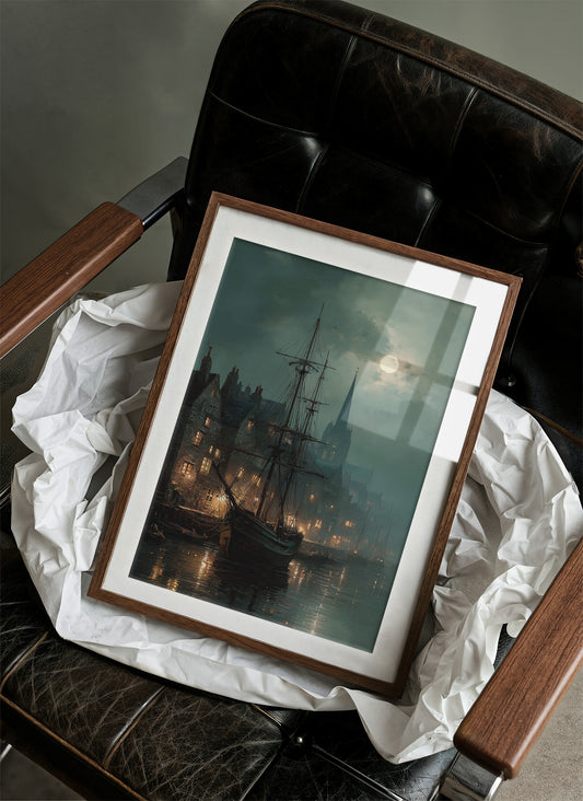 Harbor Lights Below Foggy Moon