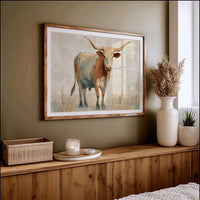 Longhorn's Stoic Gaze Across Prairie Whispers