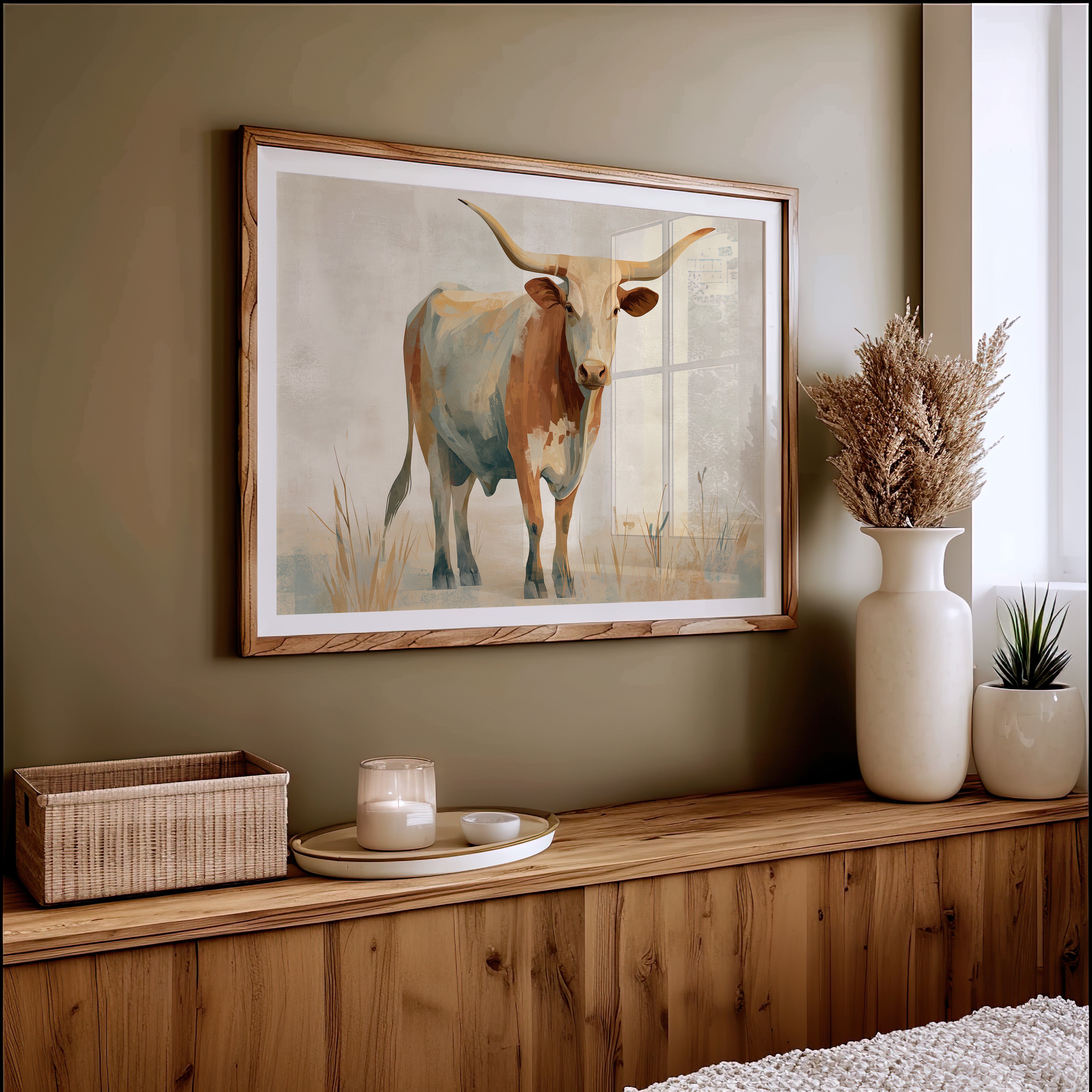 Longhorn's Stoic Gaze Across Prairie Whispers