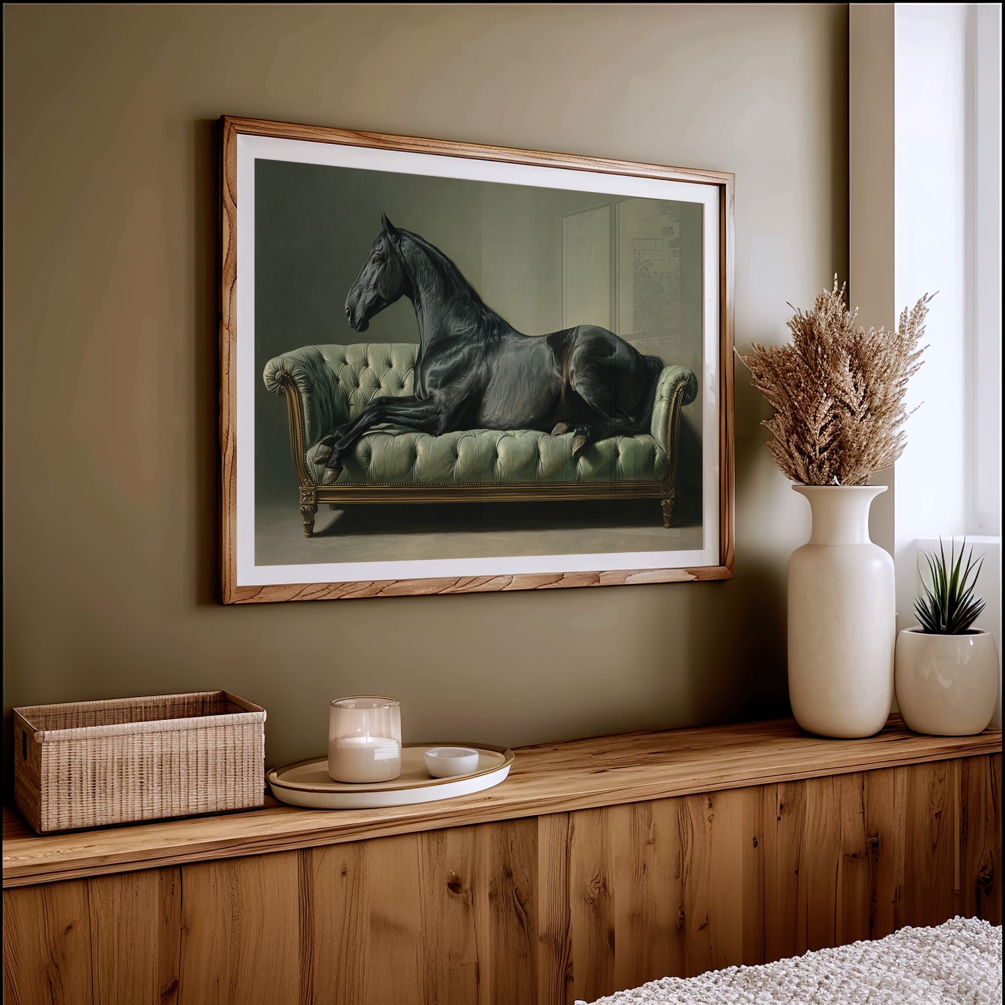 Aristocratic Repose: Ebony Stallion on a Mint Couch