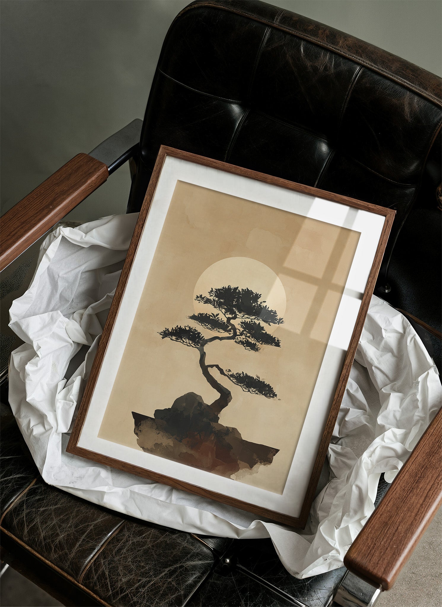 Bonsai Silhouette Against Rising Moon