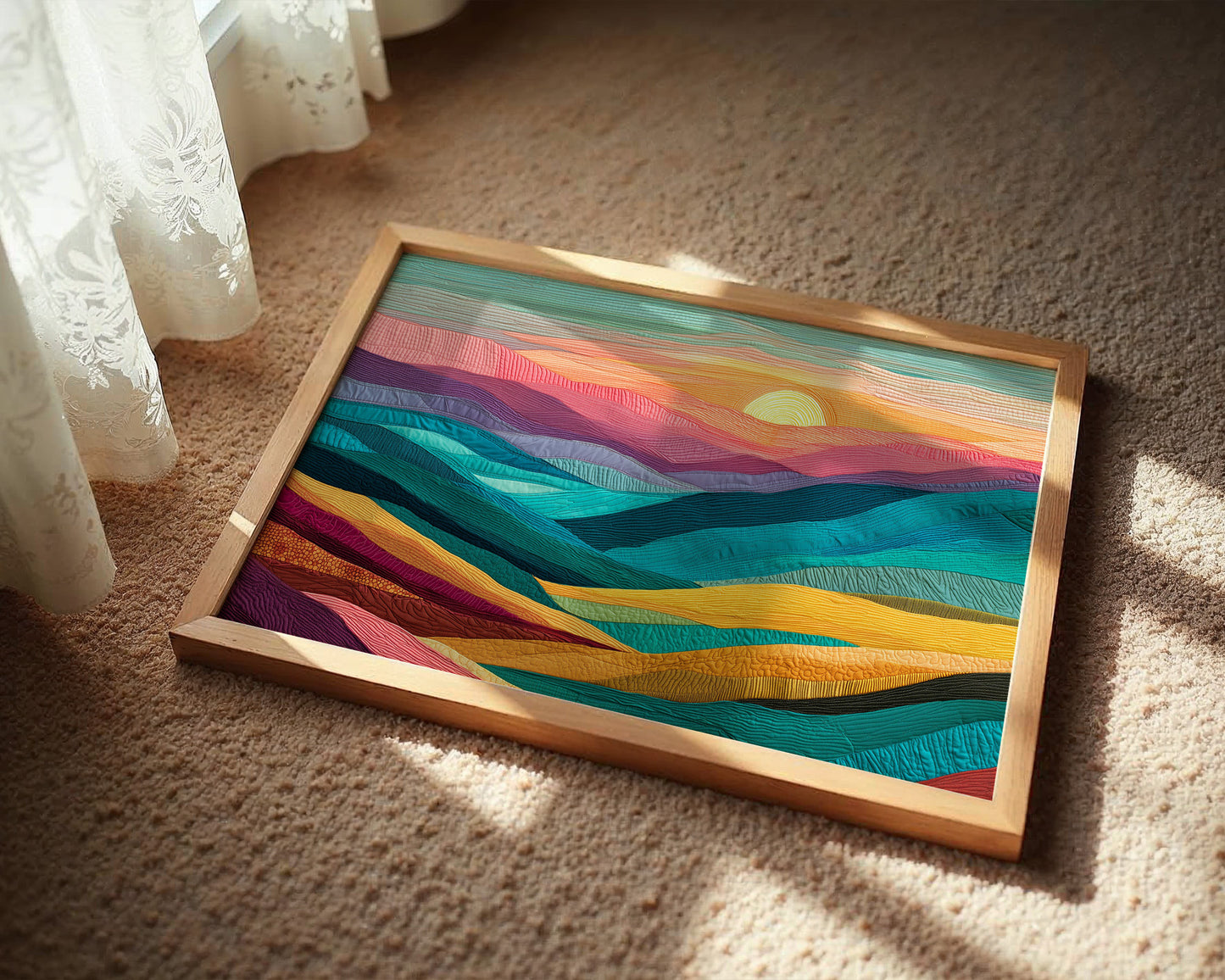 Textile Horizons: Sunset Through Stitched Valleys