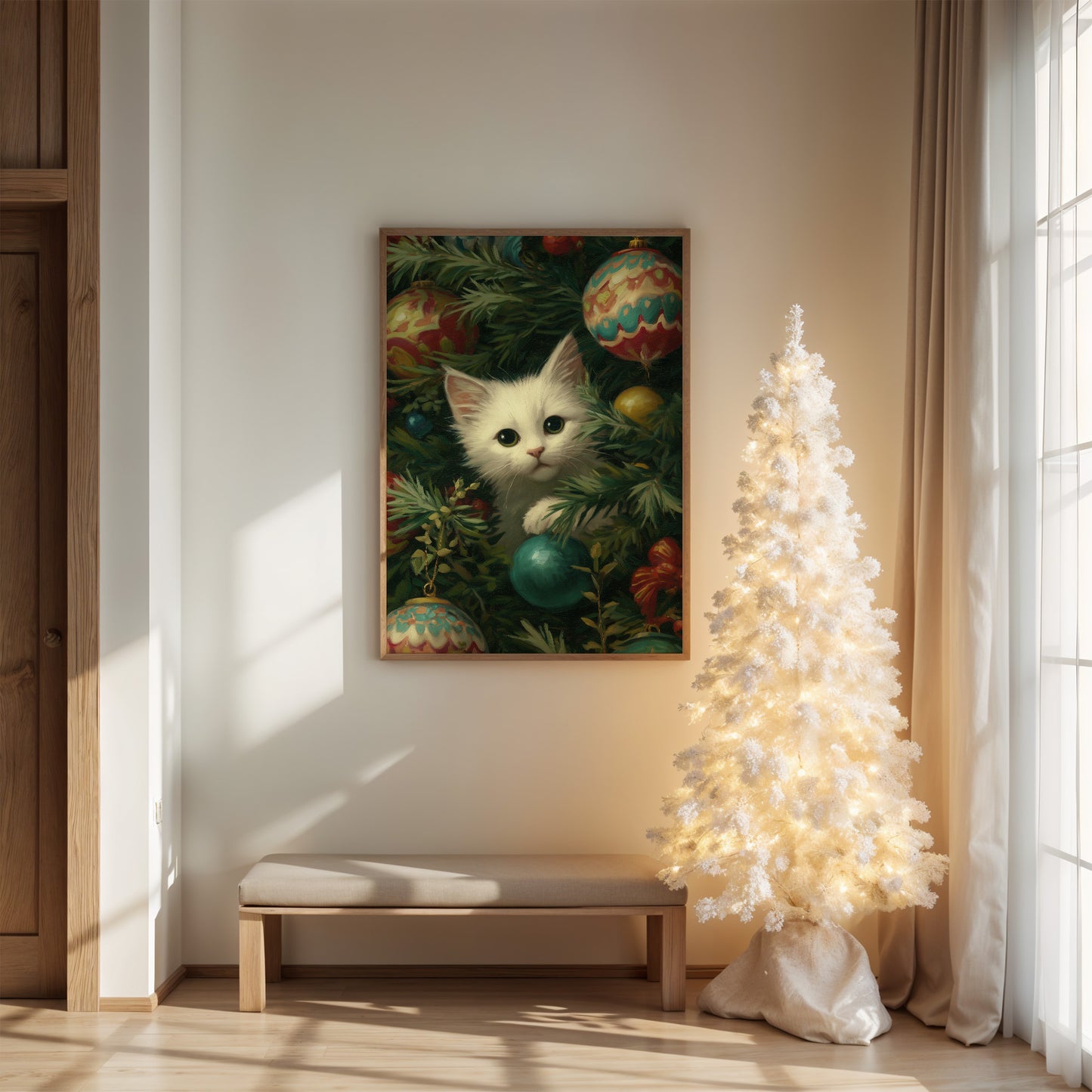 Curious Whiskers Among Festive Boughs