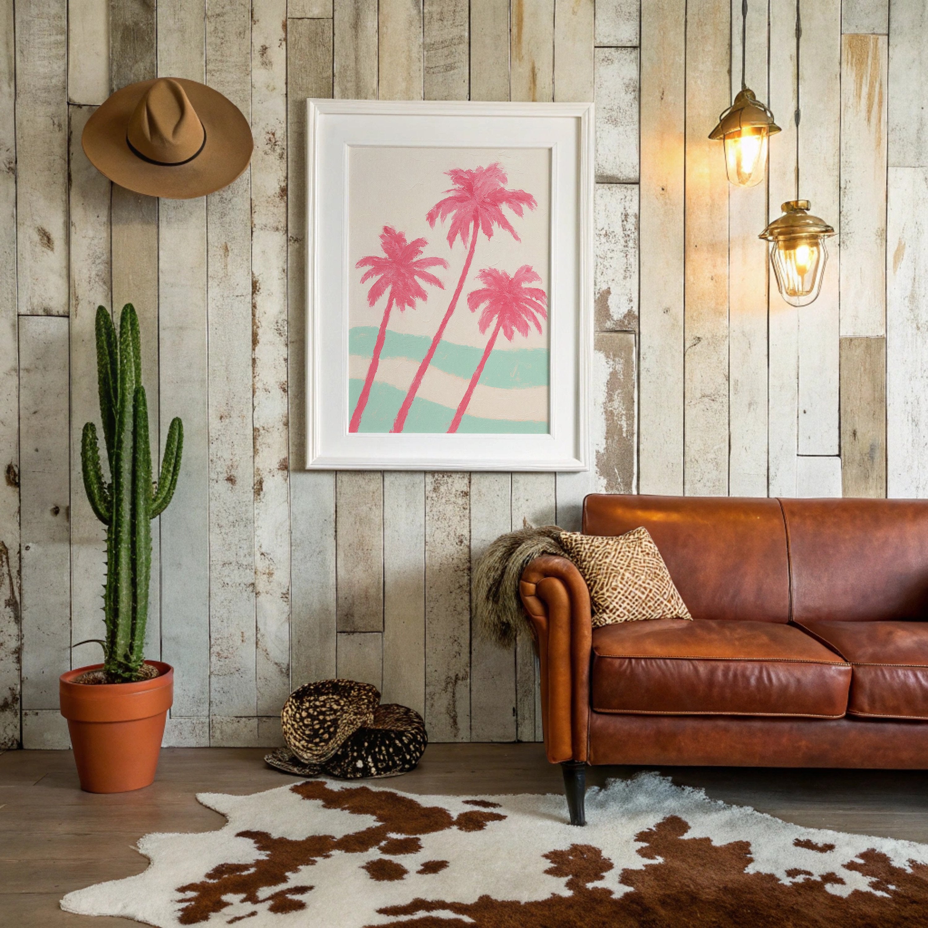 Pink Palms Over Mint Waves