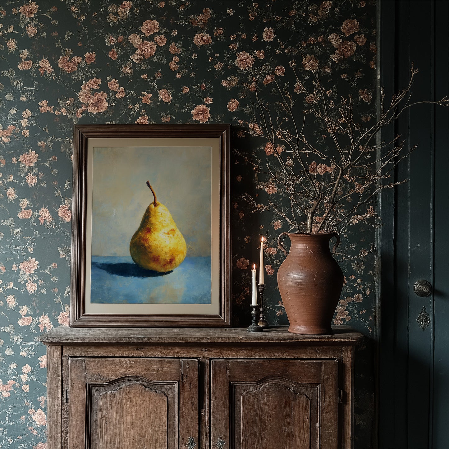 Golden Pear Against Midnight Walls