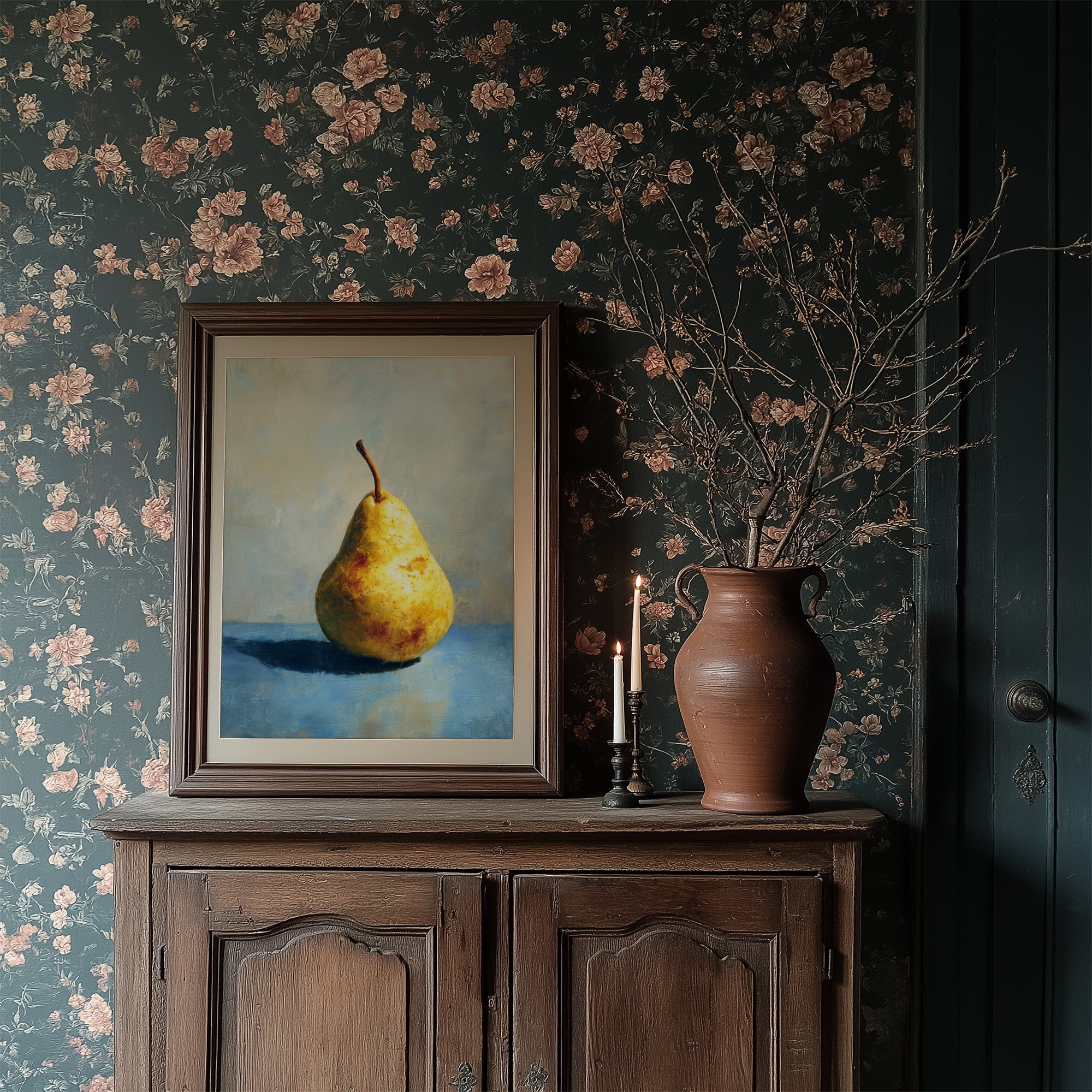 Golden Pear Against Midnight Walls
